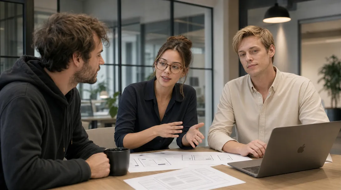 Klantoverleg aan tafel tijdens een sessie