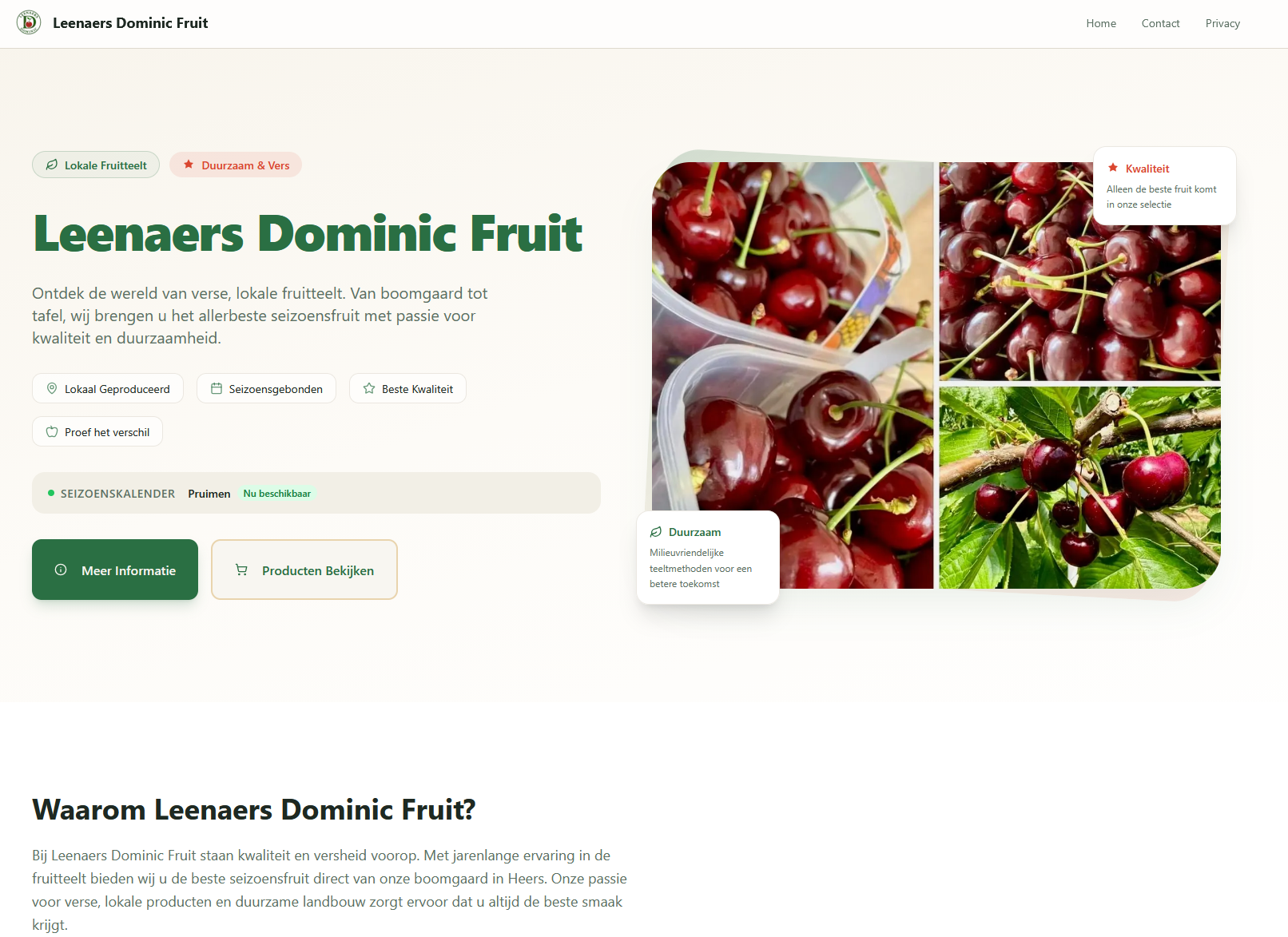 Afbeelding van de homepagina en herosectie van Lenaers Dominic Fruit, een fruitteler gevestigd in Heers.