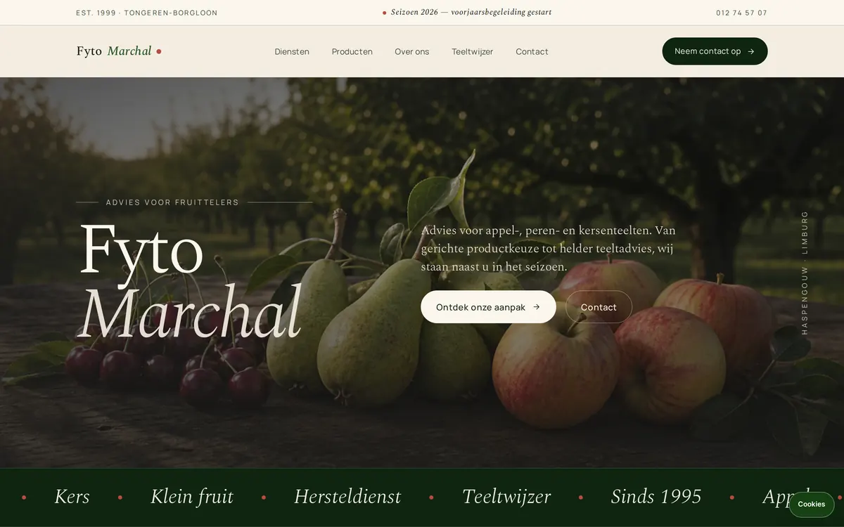 Afbeelding van de homepagina en herosectie van Fyto Marchal, teeltadvies voor fruittelers in Haspengouw.