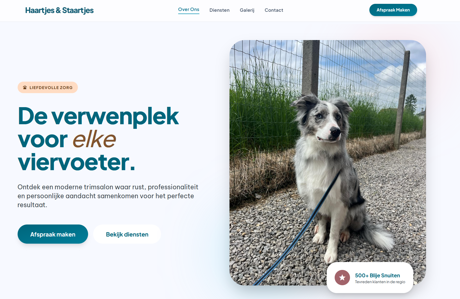 Foto van de headersectie van haartjes en staartjes. Een hondentrimsalon.
